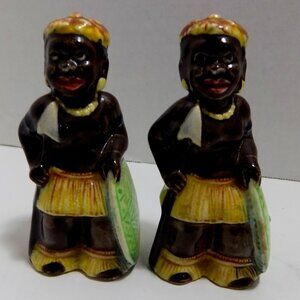Vintage Ceramic Black Americana African Warriors Salt & Pepper Shakers Japan